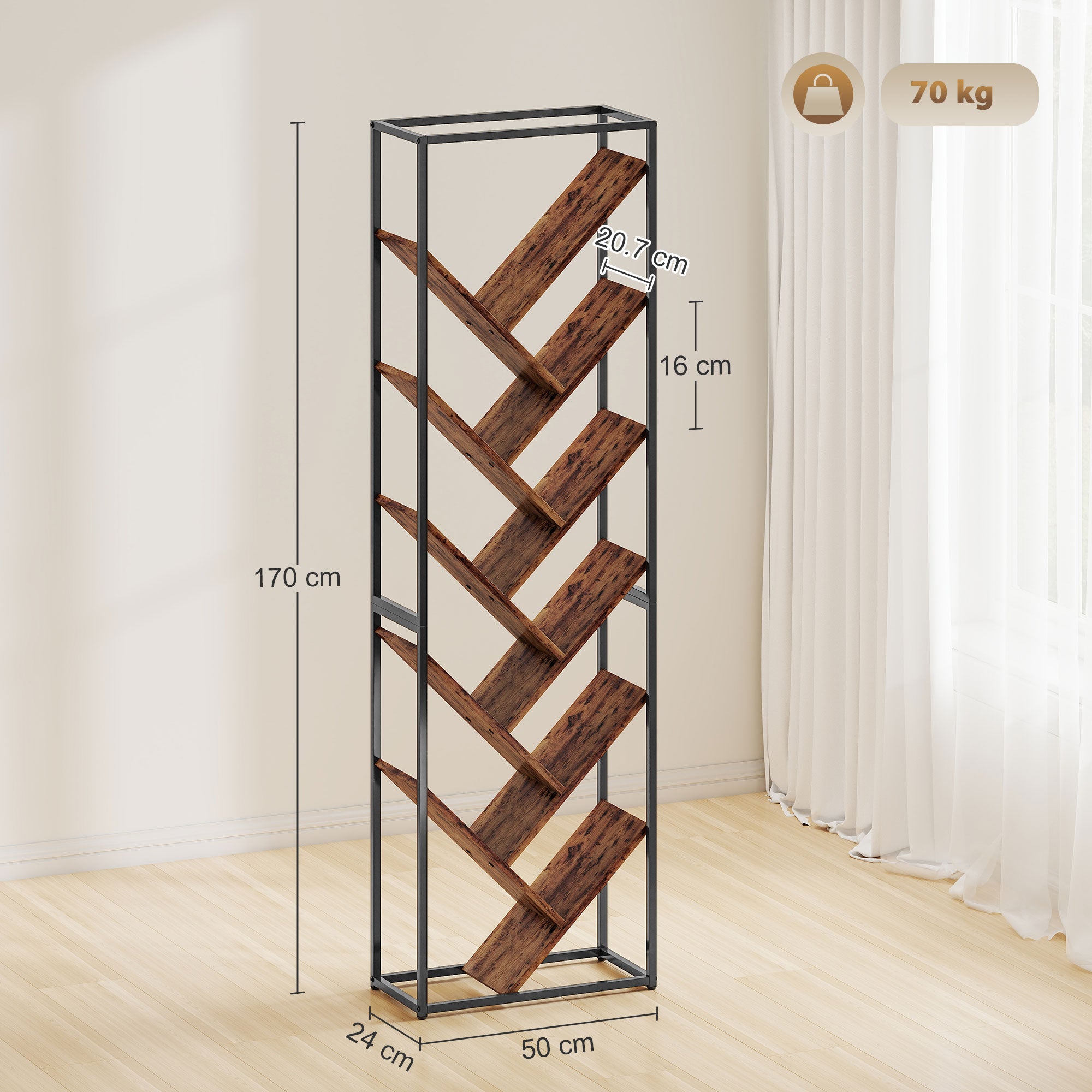 HOMCOM 10 Shelf Industrial-Style Bookshelf - Black/Brown 
