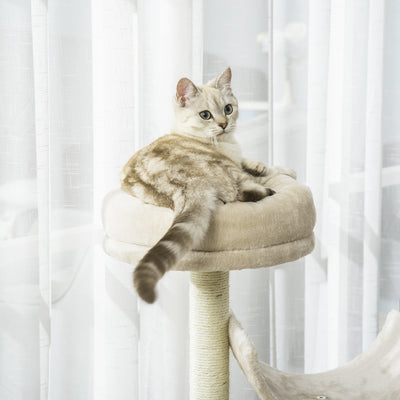 PawHut Cat Tree for Indoor Cats Kitten Pet Scratching Post Perch Activity Center Scratcher Climb Post Play House Arch with Tunnel 105cm Tall Beige 