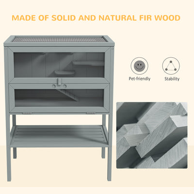 PawHut Wooden Hamster Cage 3 Tier House w/ Storage Shelf, Openable Top for Gerbils, Grey 