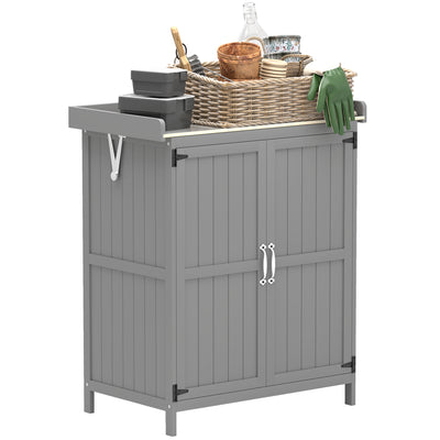 Outsunny Wooden Garden Shed, Garden Tool Storage Shed with Hinged Roof and Shelf, Outdoor Storage Cabinet with Double Doors, Grey 