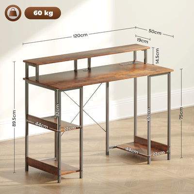 HOMCOM Computer Desk with Power Outlets and LED Lights, 120 x 50cm Reversible Home Office Desk with Monitor Stand and 2-Tier Storage Shelves, Gaming Desk with Cable Management, Rustic Brown 