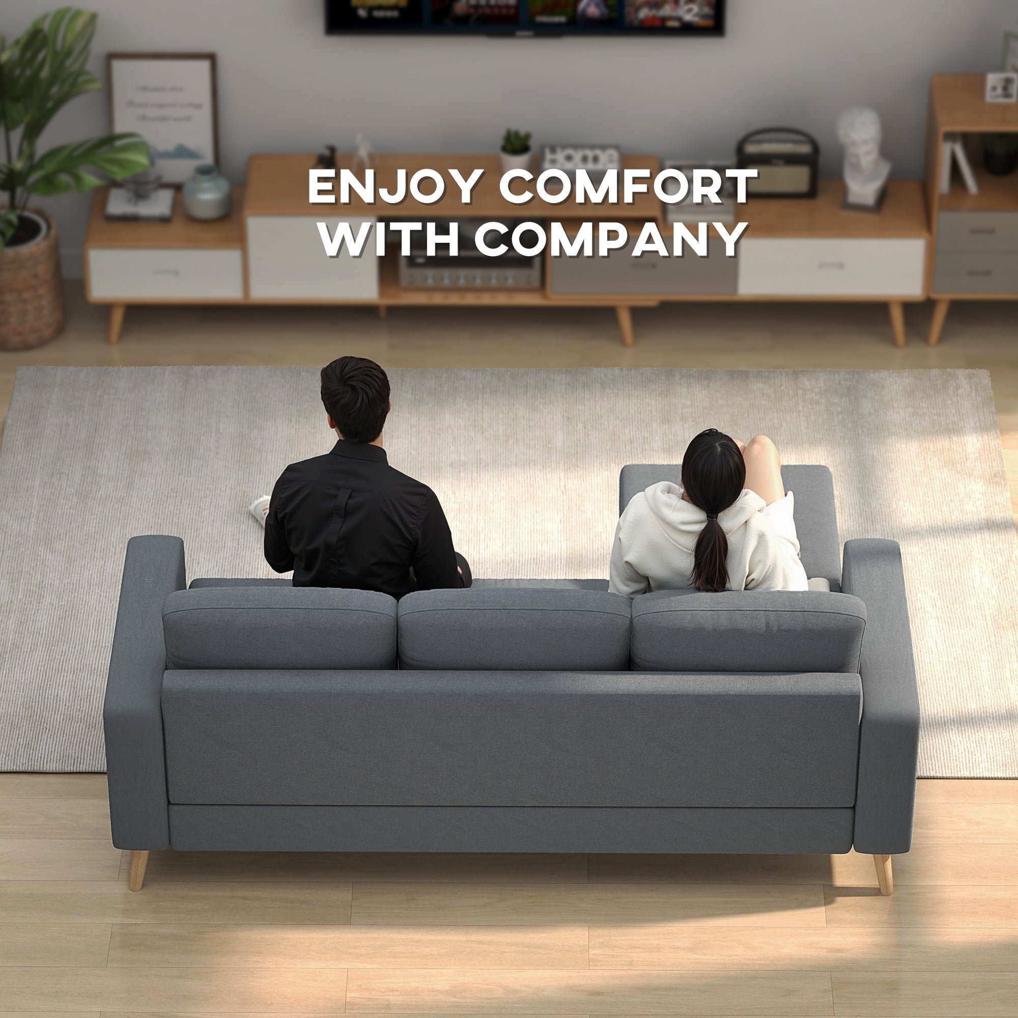 HOMCOM 3 Seater Sofa with Footstool, Fabric L-Shaped Sofa, Sectional Couch with Wood Legs, Tufting Cushioned Back for Small Space, Living Room, Office, Dark Grey 