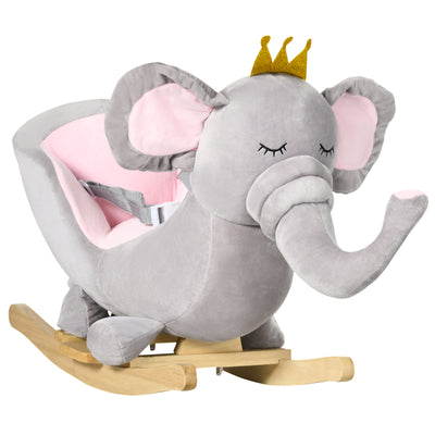 HOMCOM Kids Elephant-Designed Rocking Horse, with Safety Belt, Wooden Base, for Ages 18-36 Months - Grey 