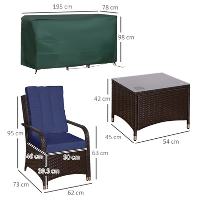 Outsunny 3 Pieces Rattan Bistro Set with Furniture Cover, Wicker Garden Furniture Set, Glass Top Coffee Table and Chairs with Cushions for Outdoor, Patio, Balcony, Dark Blue 