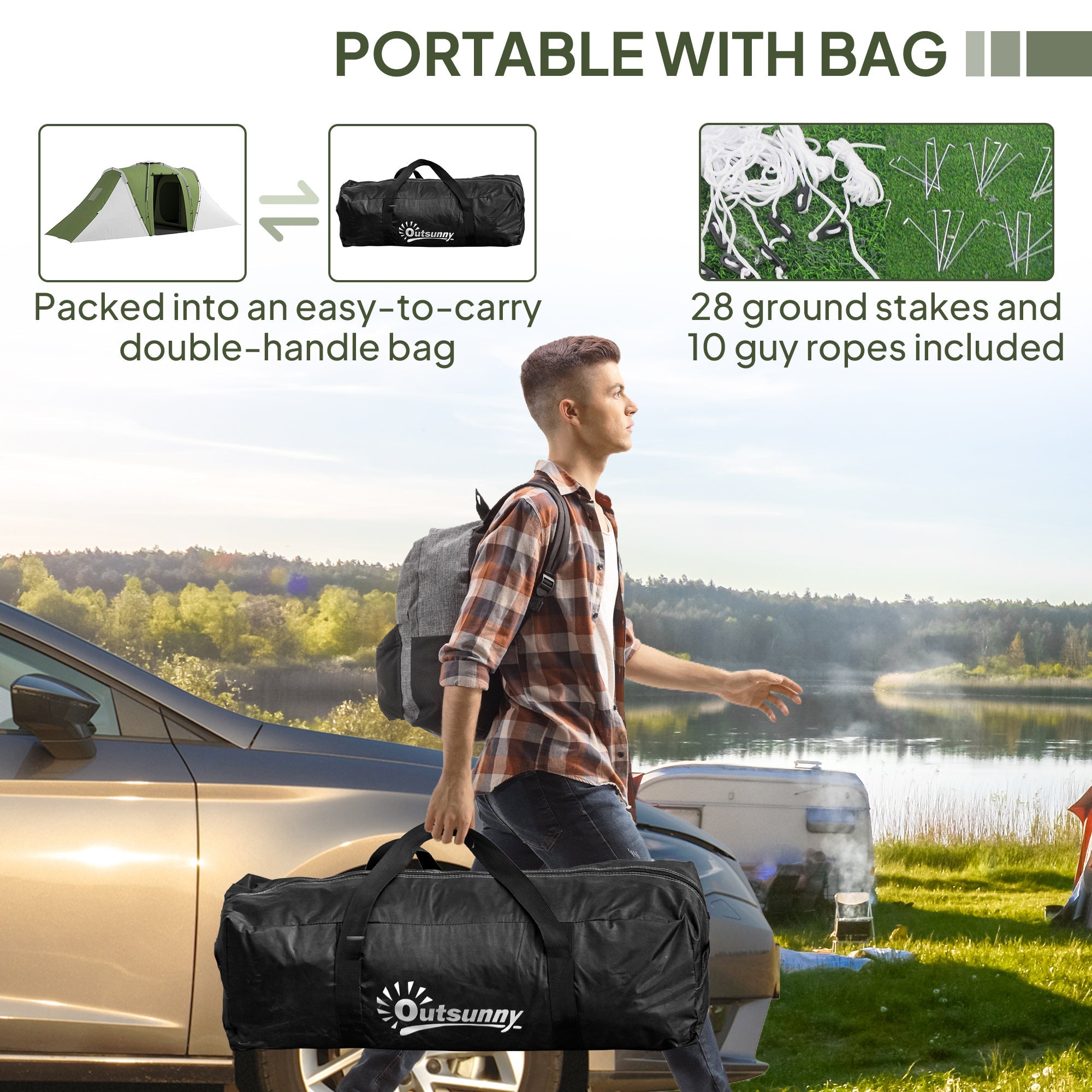 Outsunny Large Camping Tent Tunnel Tent with 2 Bedroom and Living Area, 2000mm Waterproof, Portable with Bag for 4-6 Man, Green 