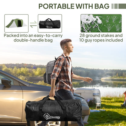 Outsunny Large Camping Tent Tunnel Tent with 2 Bedroom and Living Area, 2000mm Waterproof, Portable with Bag for 4-6 Man, Green 