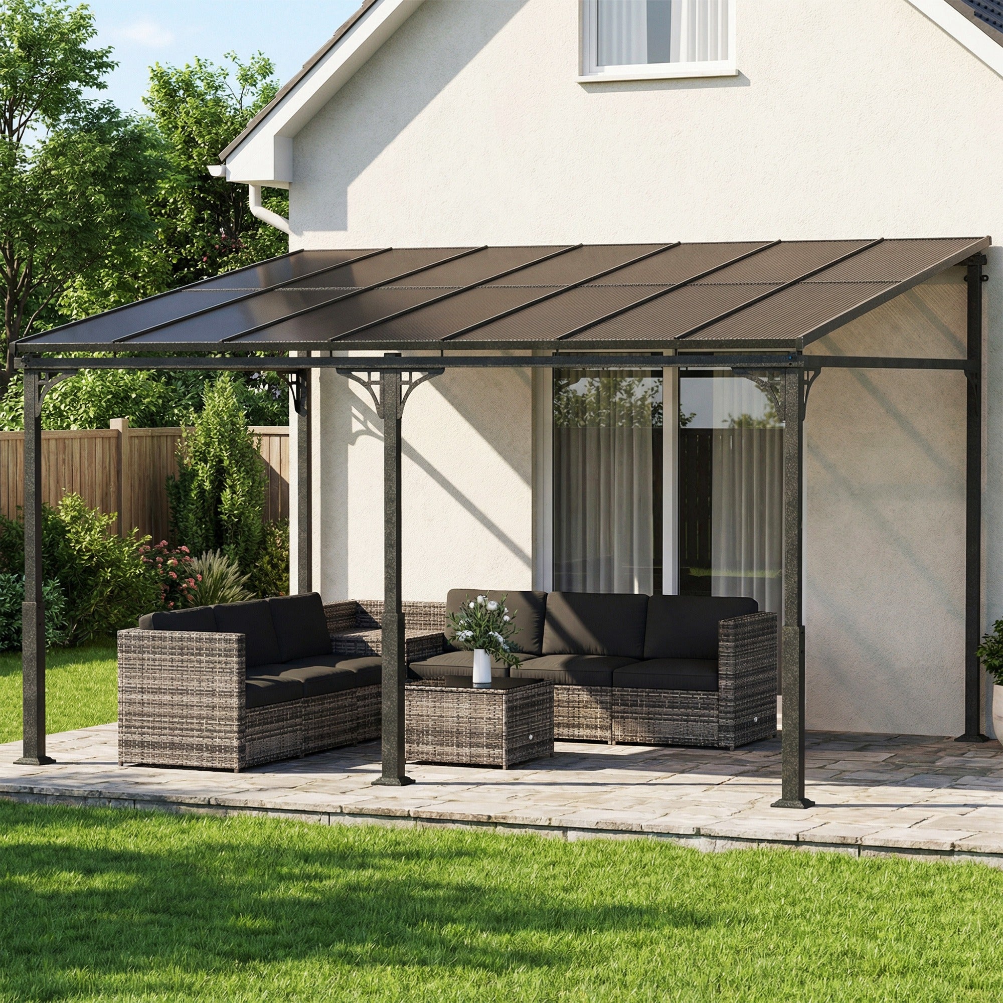Outsunny 4 x 3 m Metal Lean-to Pergola, Wall-Mounted Garden Pergola with Polycarbonate Roof and Metal-Aluminium Frame, Heavy Duty Hardtop Gazebo for Outdoor Patios, BBQ, Brown 