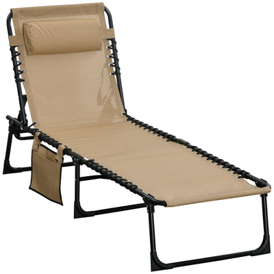 Outsunny Portable Sun Lounger, Folding Camping Bed Cot, Reclining Lounge Chair 5-position Adjustable Backrest with Side Pocket, Pillow for Patio Garden Beach Pool, Beige 