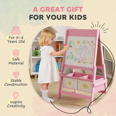 AIYAPLAY Art Easel for Kids, Double-Sided Whiteboard/Blackboard with Paper Roll, Two Storage Boxes, for Ages 3-8 Years, Pink 