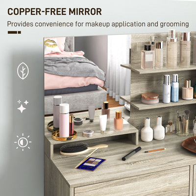 HOMCOM Dressing Table and Stool Set, with Storage - Natural Wood Finish