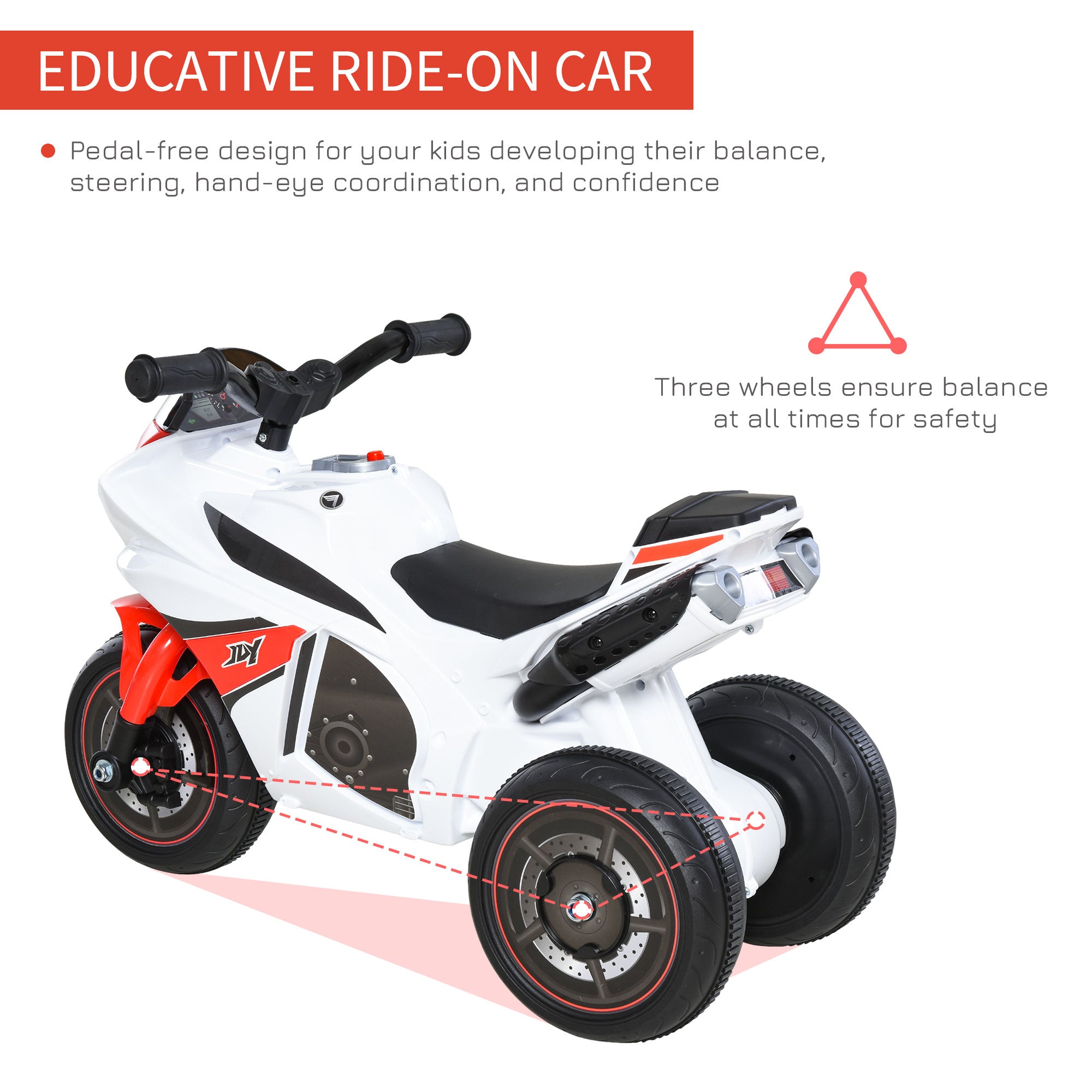HOMCOM Kids Ride-On Police Bike 3-Wheel Vehicle w/ Music Lights Safe Seat Handlebars Toddler NO POWER Child Learning Fun Development 18-36 Months White 