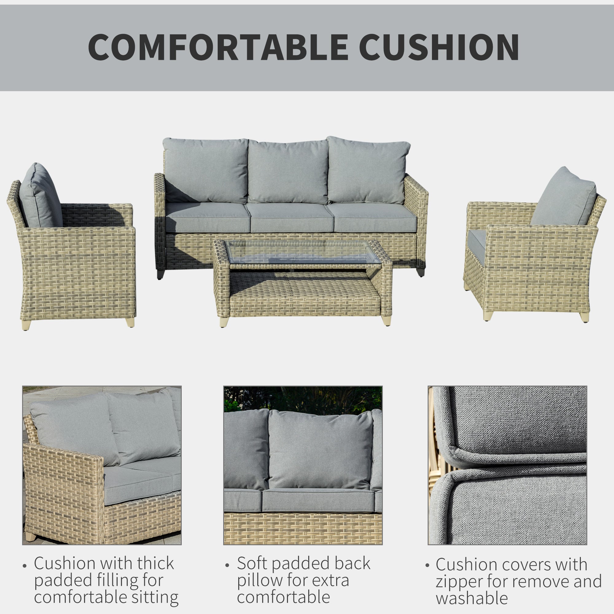 Outsunny 4 Pieces Patio Wicker Sofa Set, Outdoor PE Rattan Sectional Conversation Aluminium Frame Furniture Set w/ Padded Cushion & 2-Tier Tea Table, Brown 
