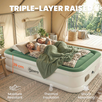 Outsunny Inflatable Mattress, Double Air Bed with Built-in Electric Pump, 3 Mins Inflation, Flocked Surface, Dark Green 