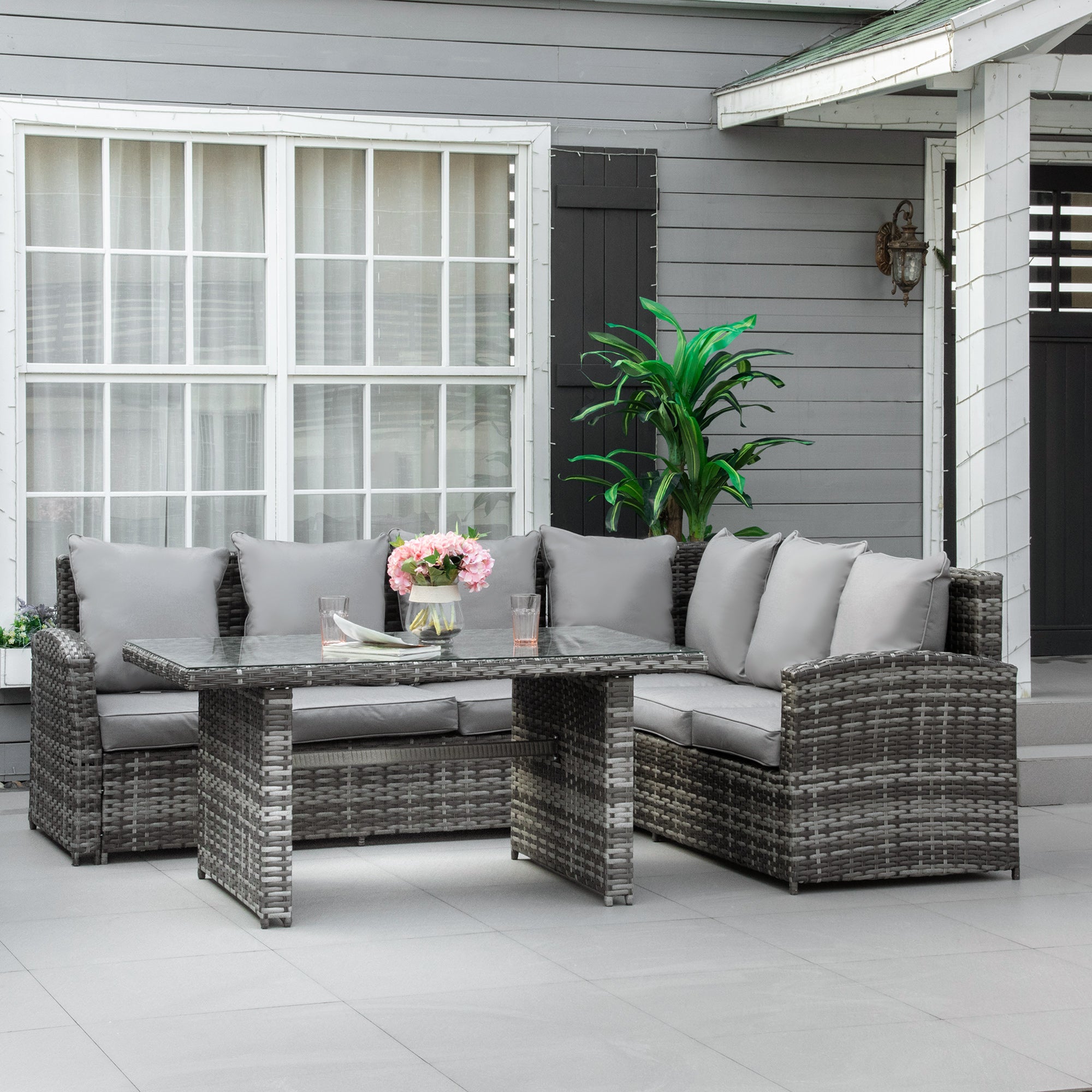 Outsunny 3 PCS PE Rattan Corner Dining Set Outdoor Garden Patio Sofa Table Furniture Set w/ Cushions Grey 