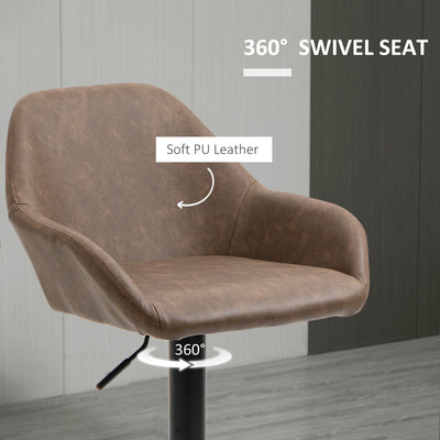 HOMCOM Bar Stools Set of 2, Height Adjustable Swivel Barstools, PU Leather Kitchen Stools with Backs, Armrests and Footrest for Home, Counter and Dining Room, Dark Brown 
