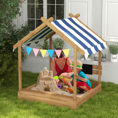 Outsunny House-Designed Wooden Sandbox, Outdoor Sandpit, with Blackboard, Toys, Sink, Seats, Flags, for Ages 3-7 Years - Brown 
