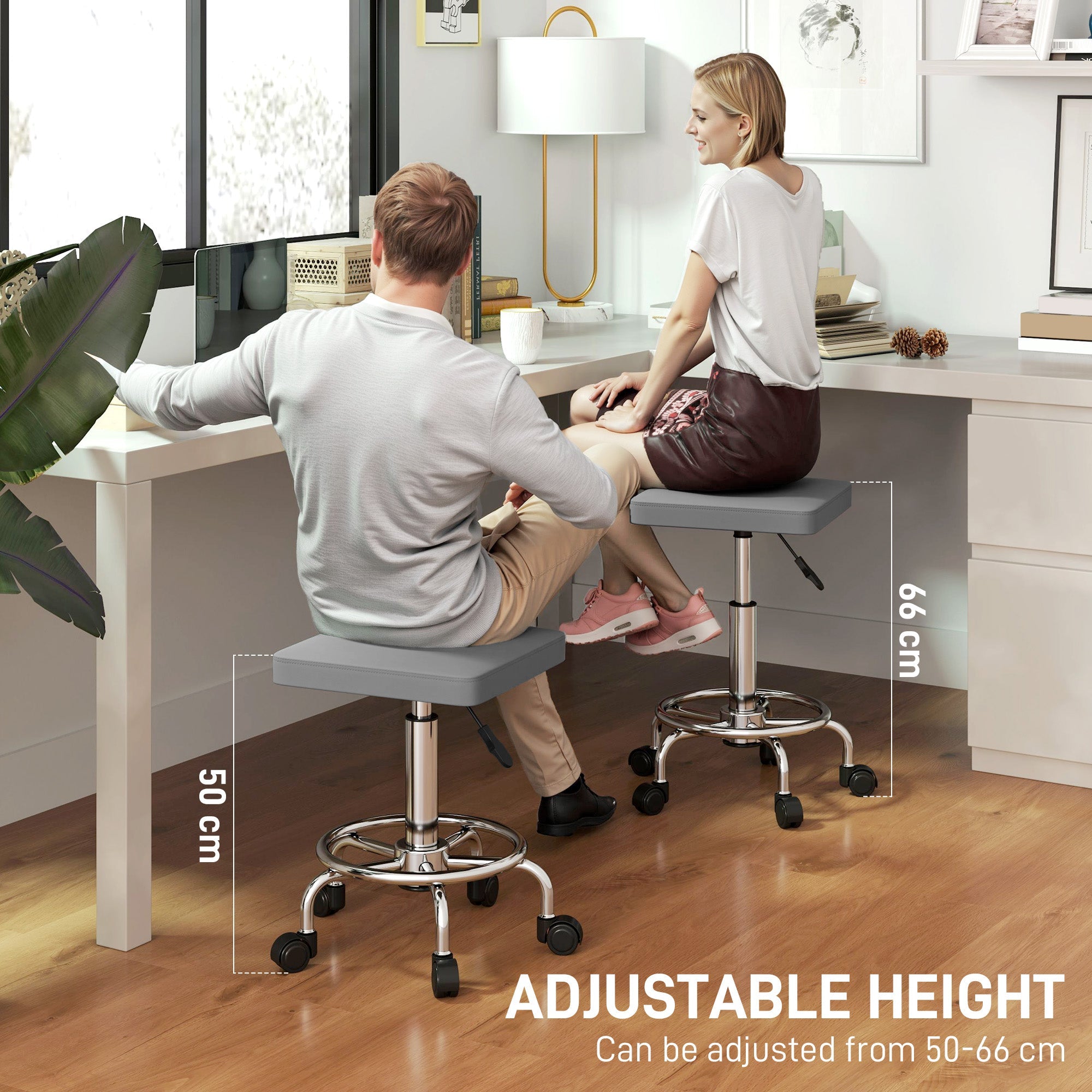 HOMCOM Adjustable PU Leather Rolling Stool - Grey 