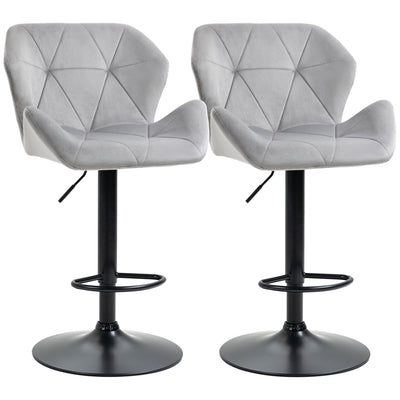 HOMCOM Bar Stools Set Of 2, Luxurious Velvet-Touch Barstools with Metal Frame Footrest Round Base Triangle Indenting Moulded Seat Adjustable Height Swivel Grey 