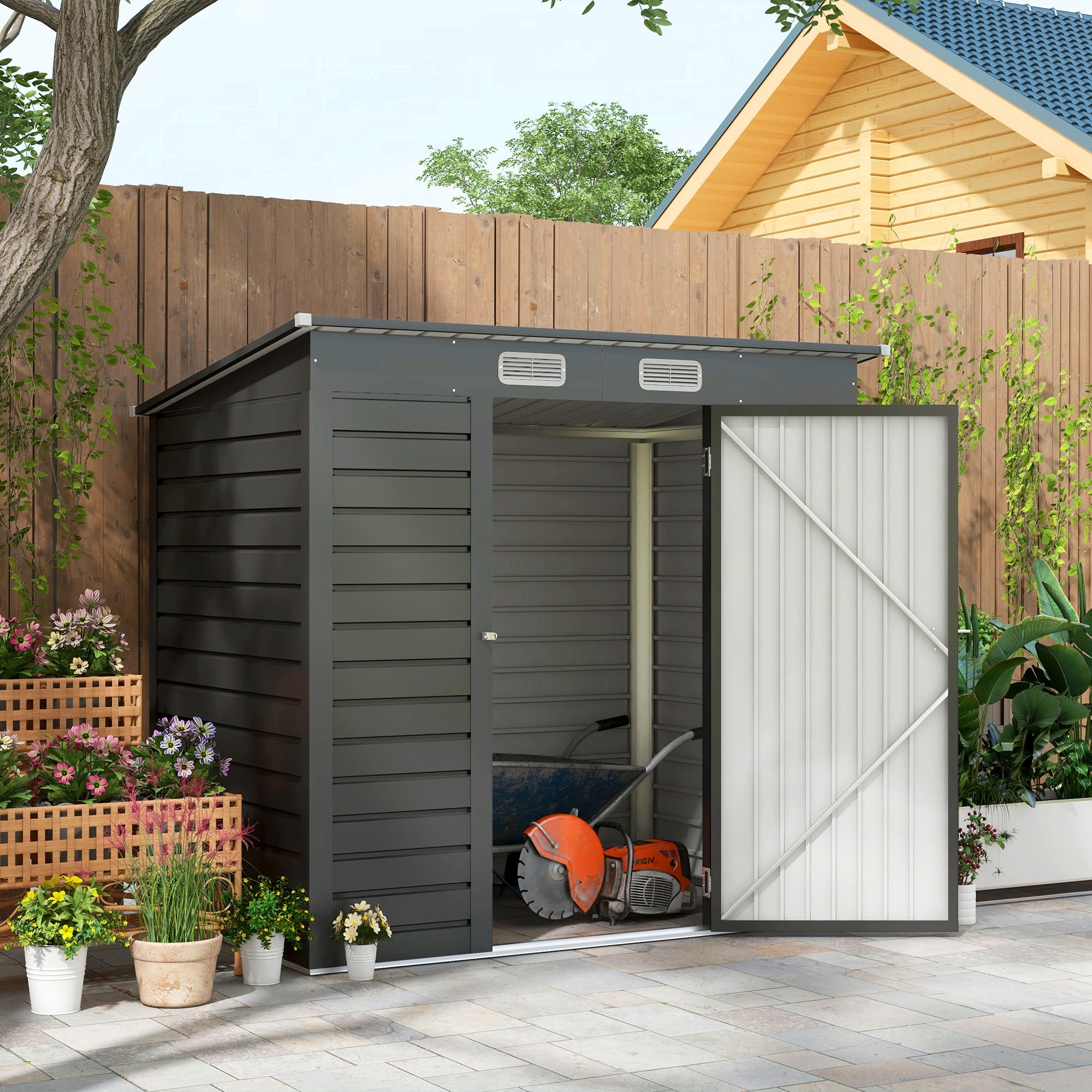 Outsunny 4 x 6ft Galvanised Metal Garden Shed, with Locking Door - Grey 
