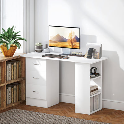 HOMCOM Computer Desk, Writing Table, PC Workstation with 3 Storage Shelves and Drawers, Silver Handle, for Home Office, White 