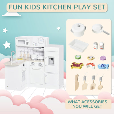 HOMCOM Kids Play Kitchen Wooden Toy Kitchen Cooking Set for Children with Drinking Fountain, Microwave, and Fridge White 