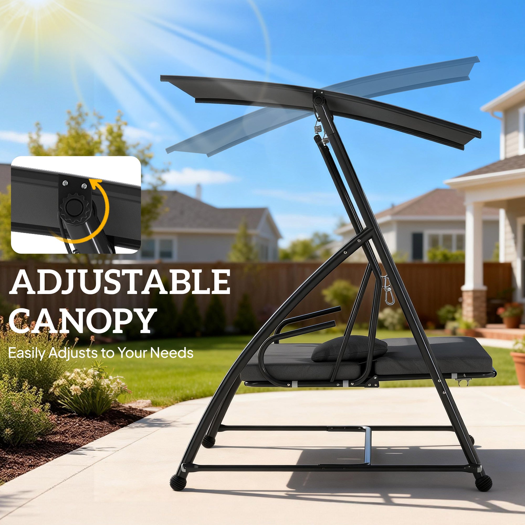 Outsunny Outdoor 2-in-1 Swing Chair Lounger 3 Seater Garden Swing Seat Bed Convertible Tilt Canopy W/ Cushion, Dark Grey 
