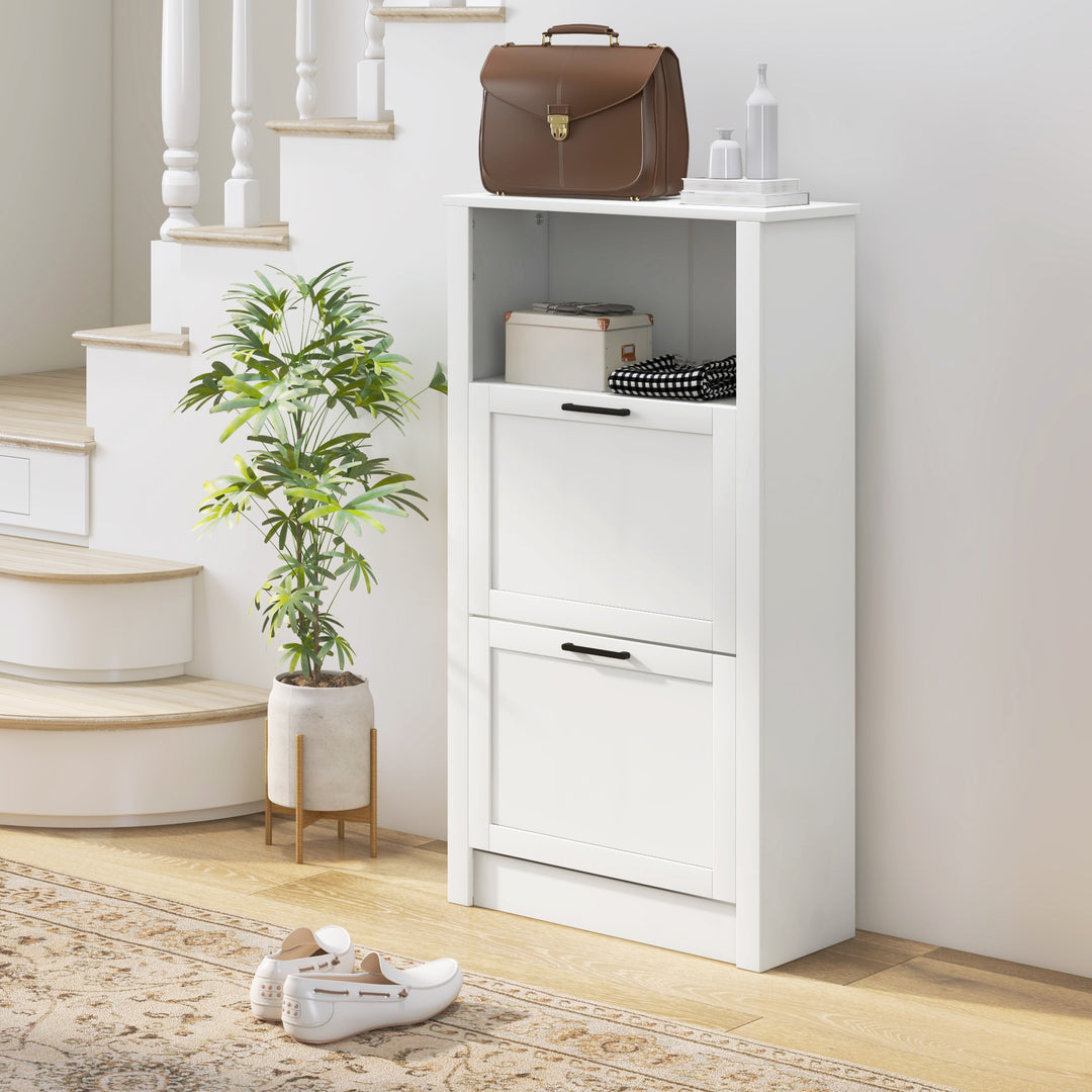 HOMCOM Modern Shoe Cabinet with 2 Flip Drawers and Adjustable Shelves, Narrow Shoe Storage Cabinet with Open Compartment, Holds 10 Pairs for Entryway, Hallway, White 