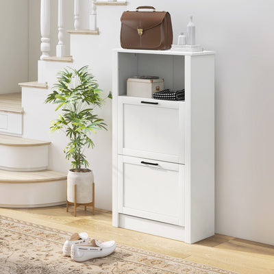 HOMCOM Modern Shoe Cabinet with 2 Flip Drawers and Adjustable Shelves, Narrow Shoe Storage Cabinet with Open Compartment, Holds 10 Pairs for Entryway, Hallway, White 