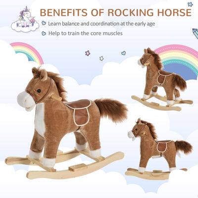 HOMCOM Kids Plush Rocking Horse w/ Sound Moving Mouth Wagging Tail Children Rocker Ride On Toy Gift 3-6 Years Brown 