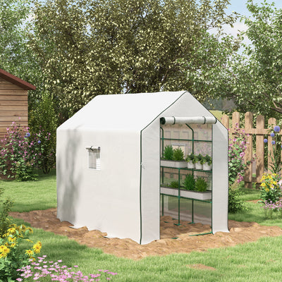 Outsunny Walk-in Greenhouse with 3 Tier 12 Shelves, Small Greenhouse with Reinforced PE Cover, Garden Plant Growhouse with Roll-up Door and Three Mesh Windows, 140 x 213 x 190 cm, White 