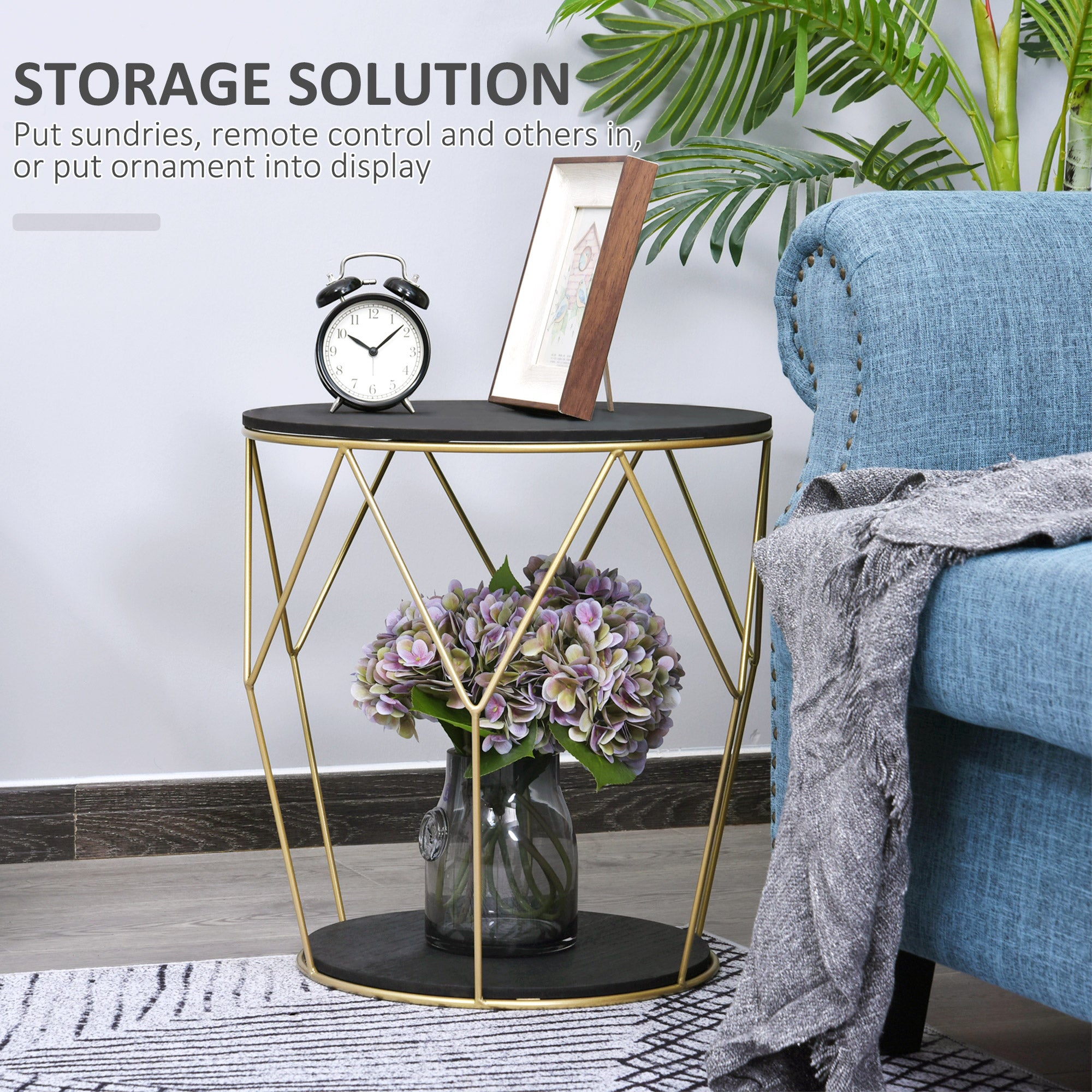 HOMCOM Round Coffee Table with Storage, Modern Sofa Side Table with Metal Frame, End Table for Bedroom, Living Room, Black and Gold, 45 x 45 x 48 cm