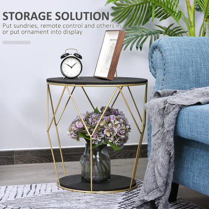 HOMCOM Round Coffee Table with Storage, Modern Sofa Side Table with Metal Frame, End Table for Bedroom, Living Room, Black and Gold, 45 x 45 x 48 cm