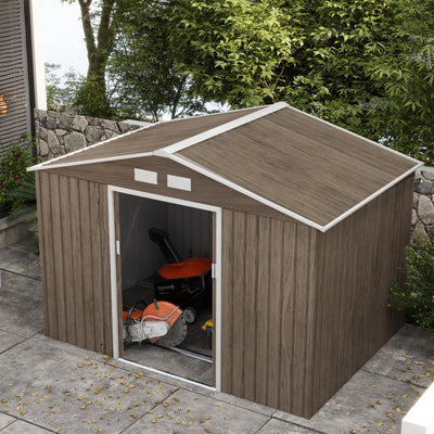 Outsunny 9 x 6ft Garden Metal Storage Shed, Outdoor Storage Tool House with Vents, Foundation and Lockable Double Doors, Brown 