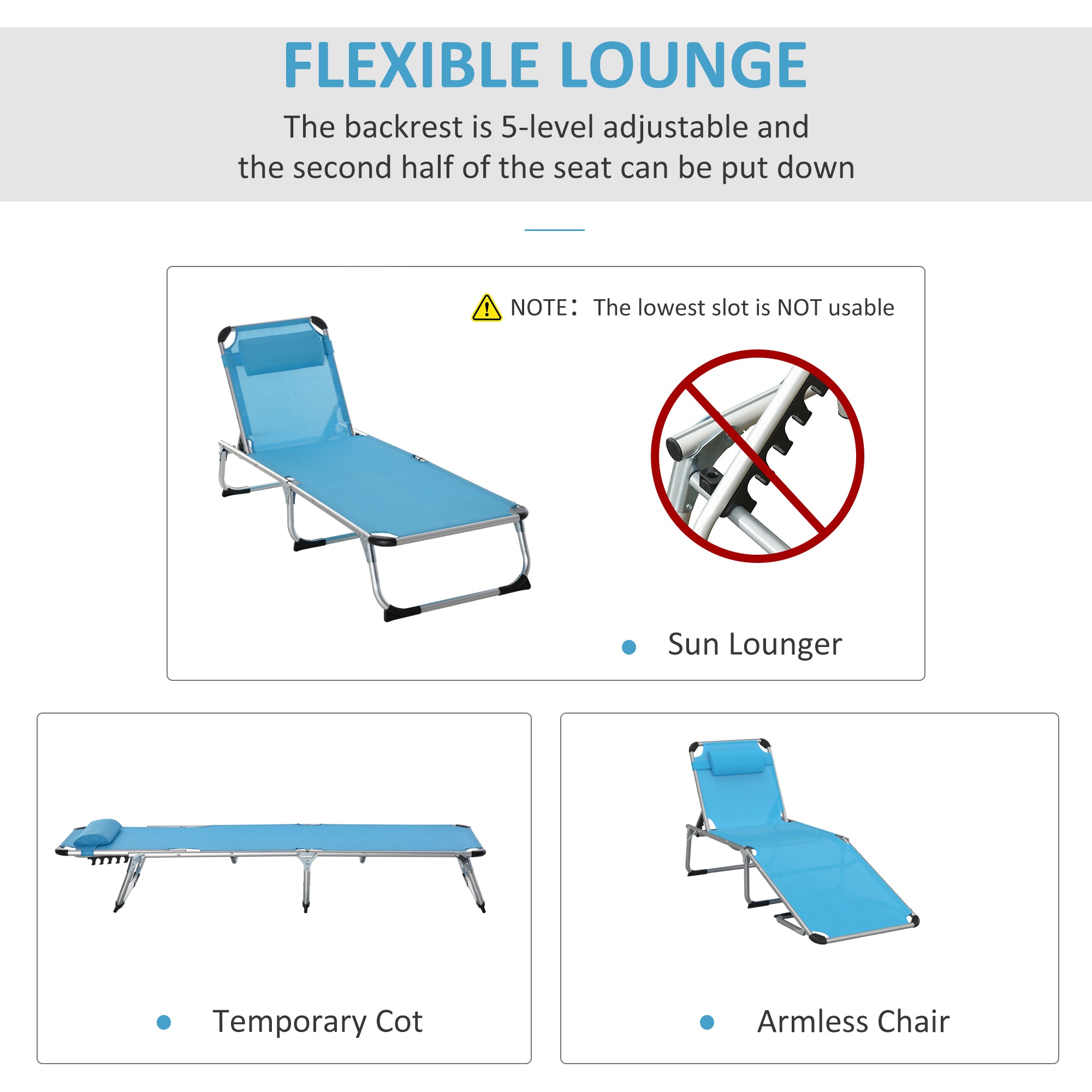 Outsunny Foldable Outdoor Sun Lounger, Reclining Lounge Chair Camping Bed Cot with Pillow 4-Level Adjustable Back Aluminium Frame, Blue 