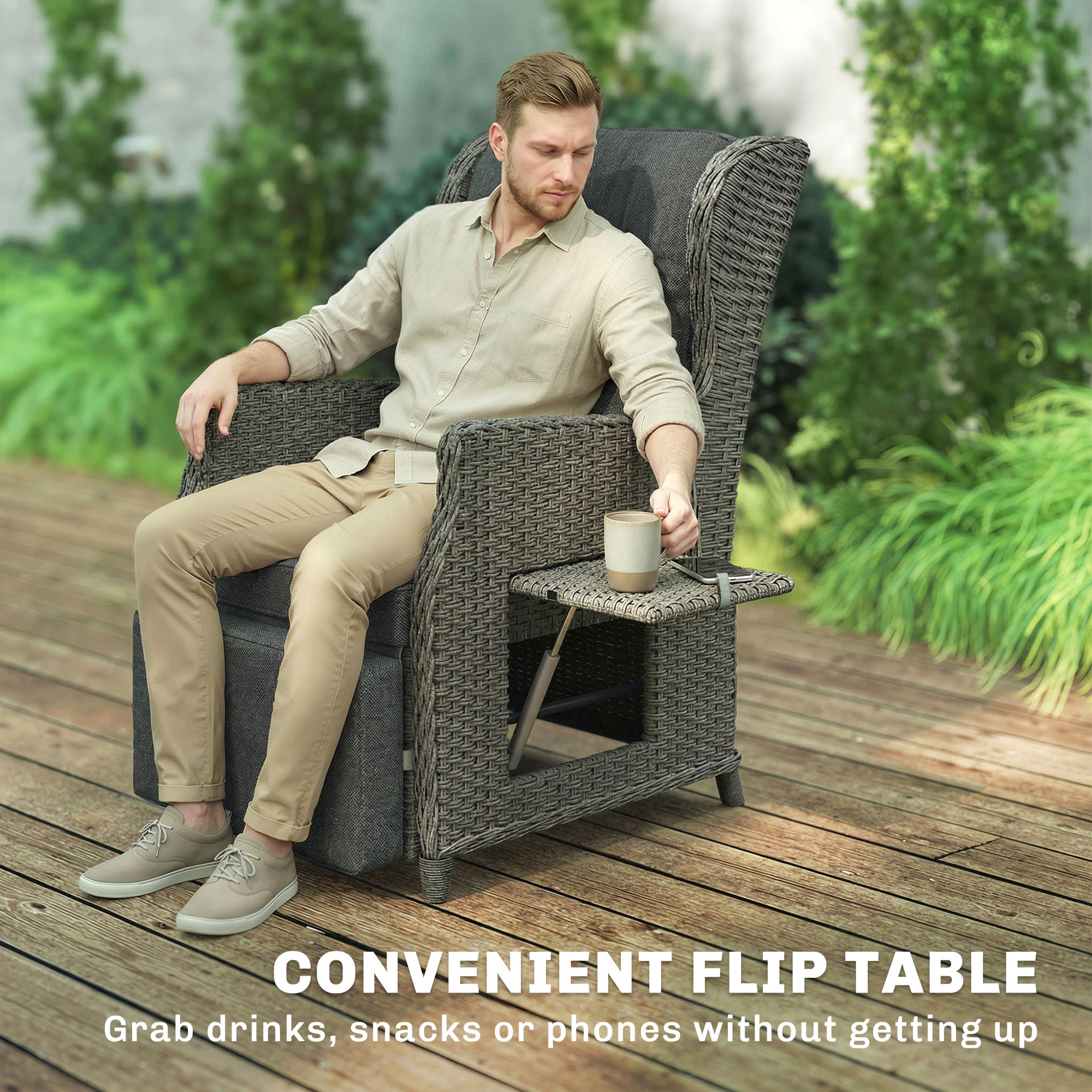 Outsunny Rattan Garden Recliner Chair, Reclining Garden Chair with Adjustable Back and Footrest, Flip Table, Cushion, Dark Grey 