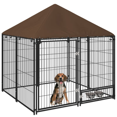 PawHut Outdoor Dog Kennel Puppy Play Pen with Canopy Garden Playpen Fence Crate Enclosure Cage Rotating Bowl 141 x 141 x 151 cm 