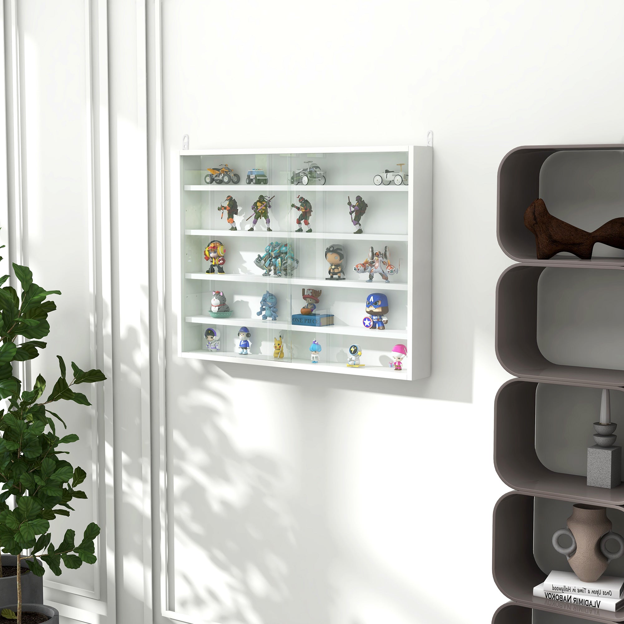 HOMCOM 5-Tier Wall Display Shelf Unit Cabinet w/ 4 Adjustable Shelves Glass Doors Home Office Ornaments 60x80cm White 