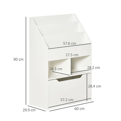 HOMCOM Kids Bookshelf, Toy Organiser, with Storage Drawer, Wheels - White 