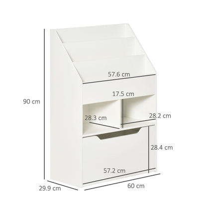 HOMCOM Kids Bookshelf, Toy Organiser, with Storage Drawer, Wheels - White