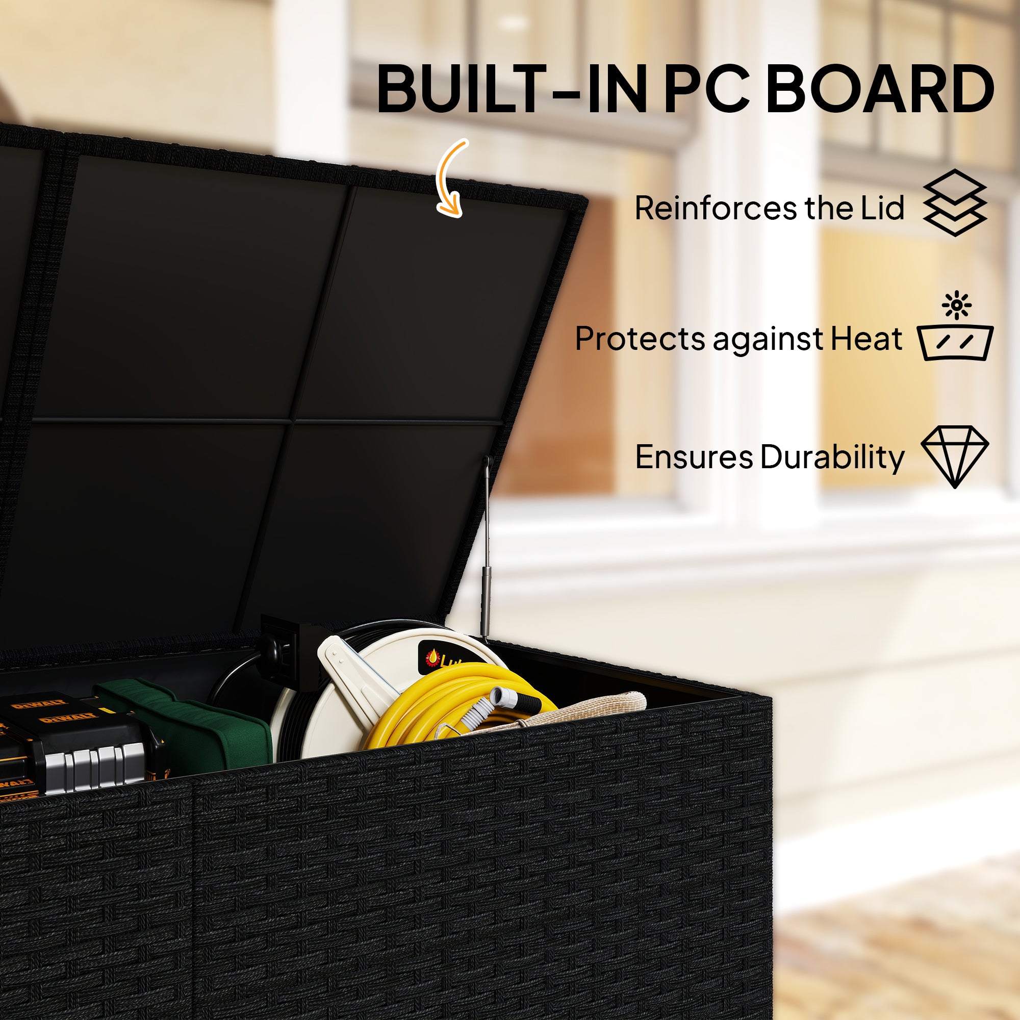 Outsunny 650L Garden Storage Box with 2 Wheels, Rattan Deck Box with Waterproof Zipped Liner, Safe Pneumatic Rods, Black 