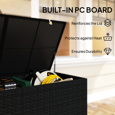 Outsunny 650L Garden Storage Box with 2 Wheels, Rattan Deck Box with Waterproof Zipped Liner, Safe Pneumatic Rods, Black 