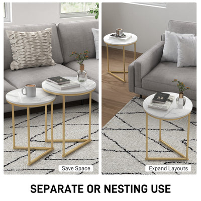 HOMCOM Set of Two Marble-Effect Nest of Tables - White/Gold-Tone 