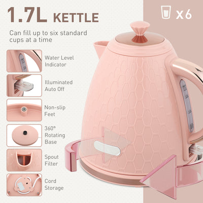 HOMCOM 1.7L 3000W Fast Boil Kettle & 2 Slice Toaster Set, Kettle and Toaster Set with Auto Shut Off, Browning Controls, Light Pink 