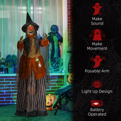 HOMCOM 183 cm Life Size Halloween Animated Standing Fat-Faced Witch with Red Light Up Eyes, Sound Activated Moving Arms & Head, Scary Witch Halloween Decorations, Battery Operated, Indoor Party Props 