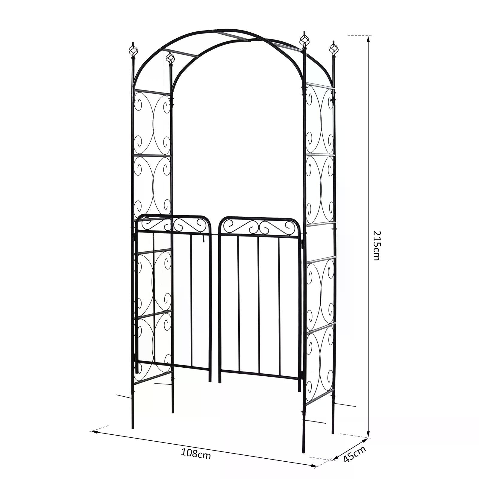 Outsunny Garden Decorative Metal Arch with Gate Outdoor Patio Trellis Arbor for Climbing Plant Archway Antique Black - 108L x 45W x 215Hcm 