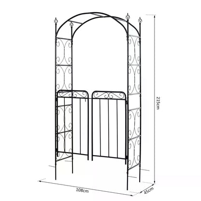 Outsunny Garden Decorative Metal Arch with Gate Outdoor Patio Trellis Arbor for Climbing Plant Archway Antique Black - 108L x 45W x 215Hcm 