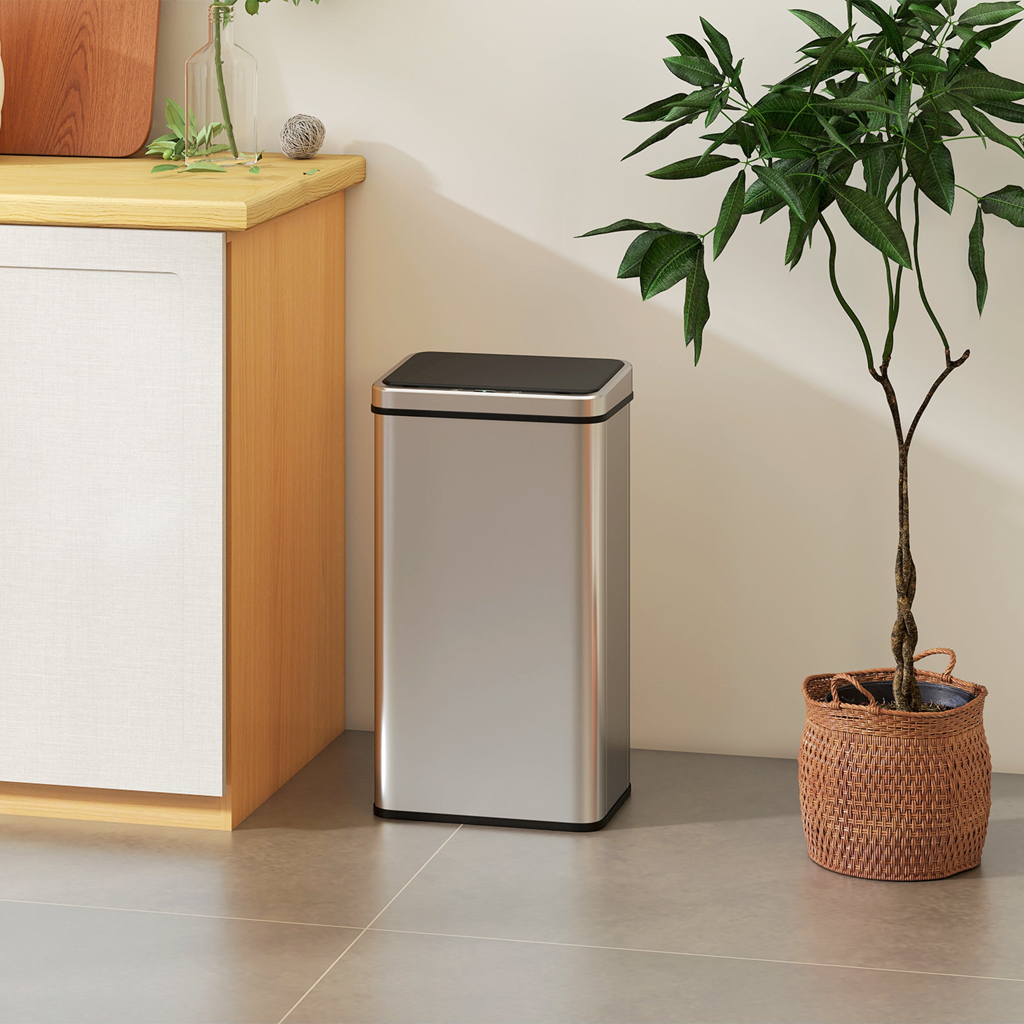 HOMCOM 50L Sensor Bin with Quiet Soft-Close Lid, Automatic Touchless Motion Sensor Kitchen Bin with Fingerprint Resistant Stainless Steel for Hygienic Gyms, Home Office Use, Silver Tone 