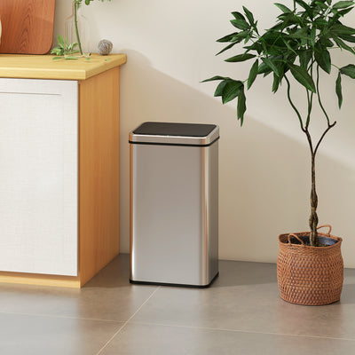 HOMCOM 50L Sensor Bin with Quiet Soft-Close Lid, Automatic Touchless Motion Sensor Kitchen Bin with Fingerprint Resistant Stainless Steel for Hygienic Gyms, Home Office Use, Silver Tone 