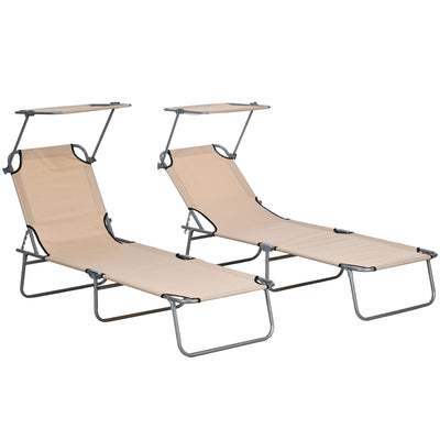 Outsunny Outdoor Foldable Sun Lounger Set of 2, 4 Level Adjustable Backrest Reclining Sun Lounger Chair with Angle Adjust Sun Shade Awning for Beach, Garden, Patio, Sand 