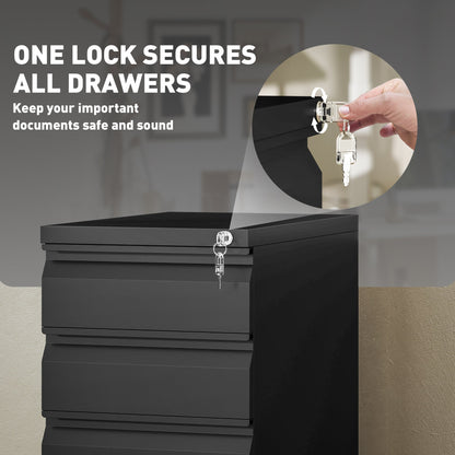 Vinsetto 3-Drawer Steel Filing Cabinet with Lock and Wheels - Black 